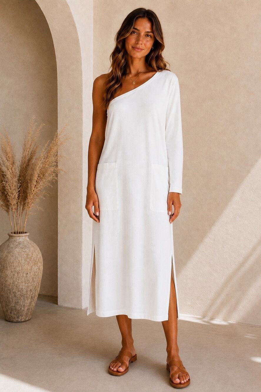 FP Beach NWT $60 Free People White One-Shoulder Knit Pockets Midi Dress